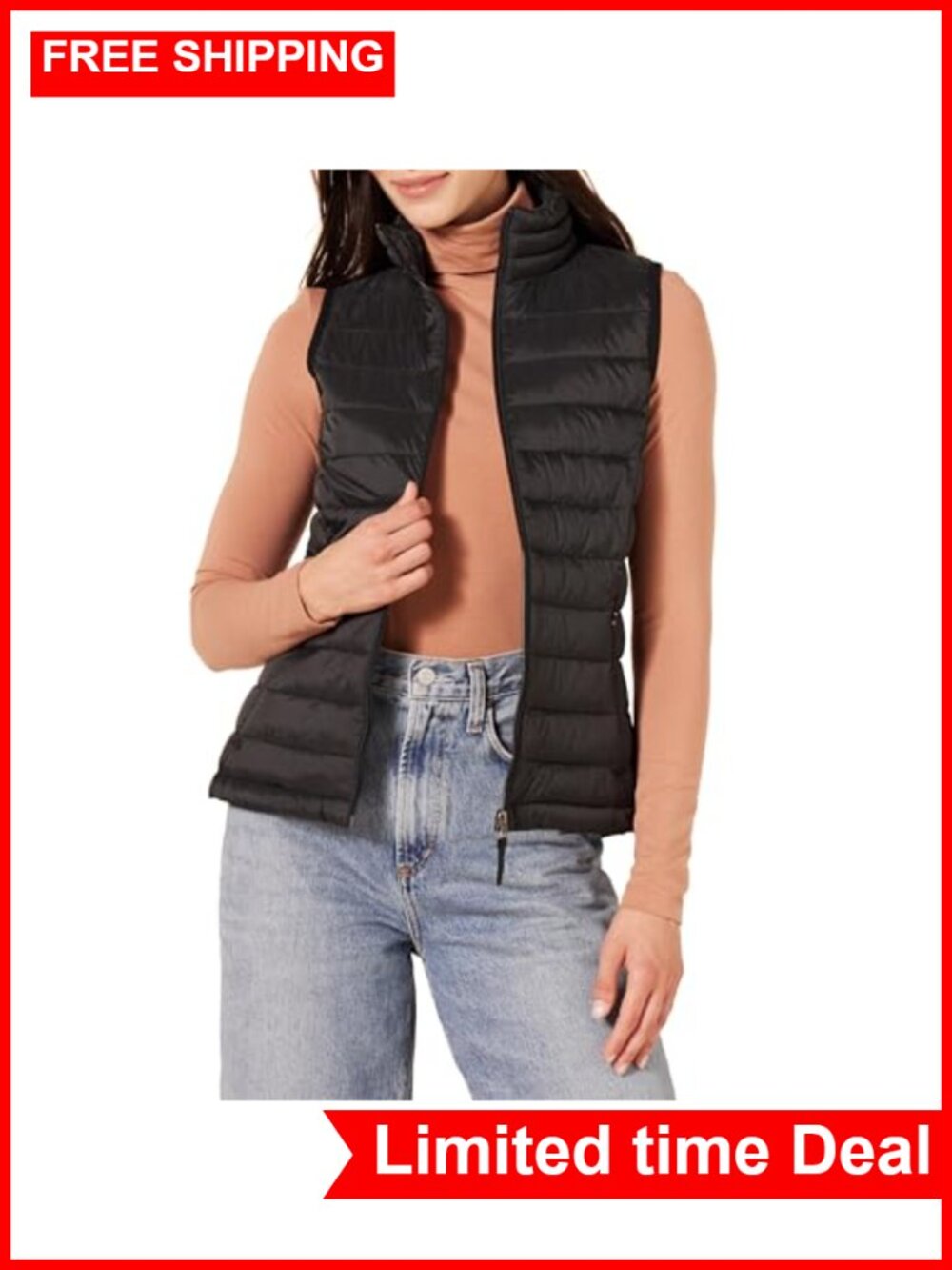 Lightweight Water-Resistant Packable Puffer Vest Zip Pockets Stand Collar